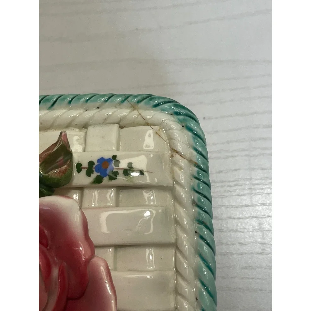 Vintage Italy Ceramic Rose Basket‎ Trinket Box Hand Painted Cottagecore Decor